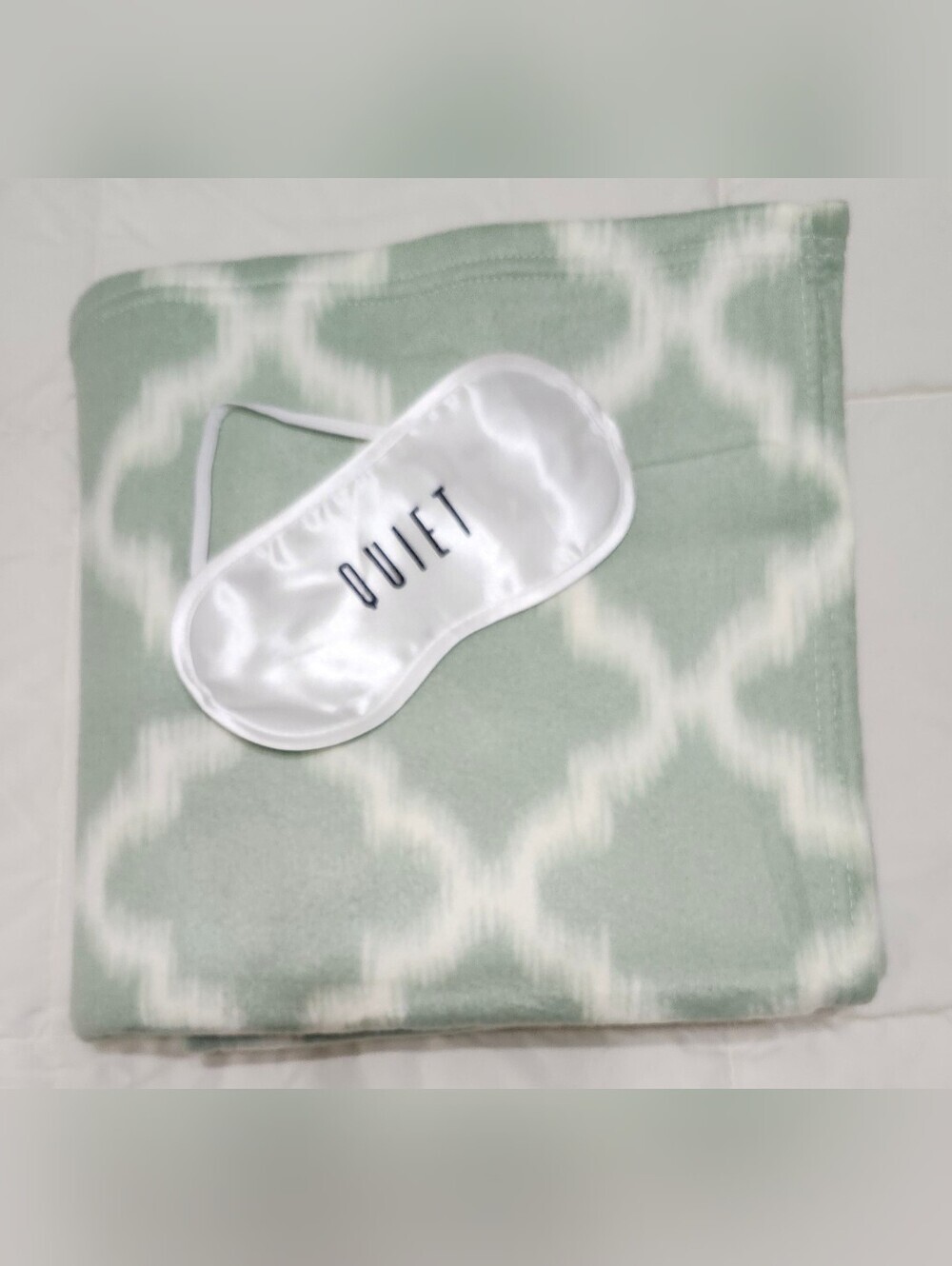 Sage Green Ikat Polar Fleece Blanket & "QUIET" Satin Sleep Mask Travel Gift